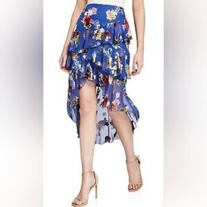 Alice + Olivia Mariel Blue Hi Low Tiered Silk Blend Skirt, velvet Burnout, Sz 14